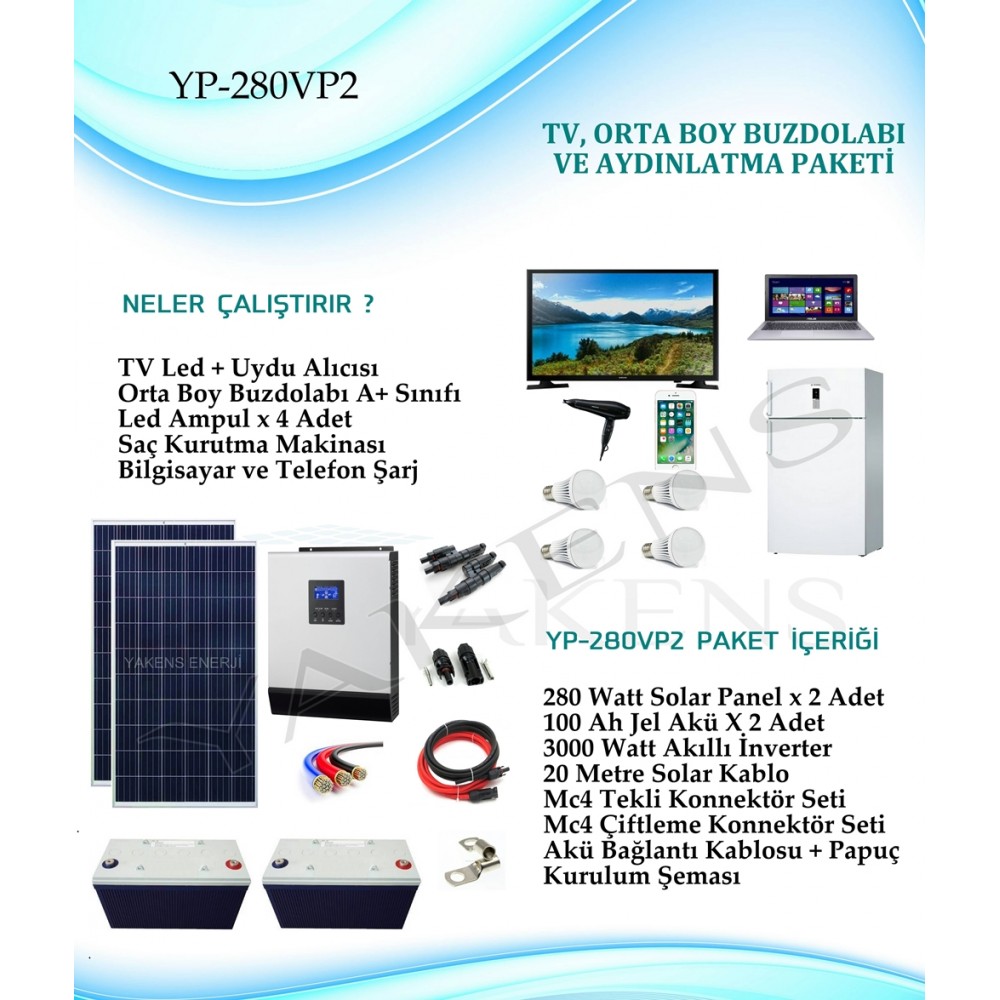 Orta Boy Buzdolabı + Tv + Aydınlatma Hazır Solar Paket YP-280VP2 Paket 2